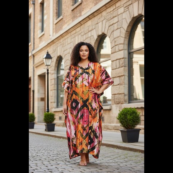 Womens Multicolor Geometric Maxi Dress Caftan Cover Up Evening Gown for Party - Picture 1 of 9